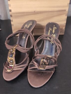 New York Transit Brown Strappy Beaded Heeled Sandals